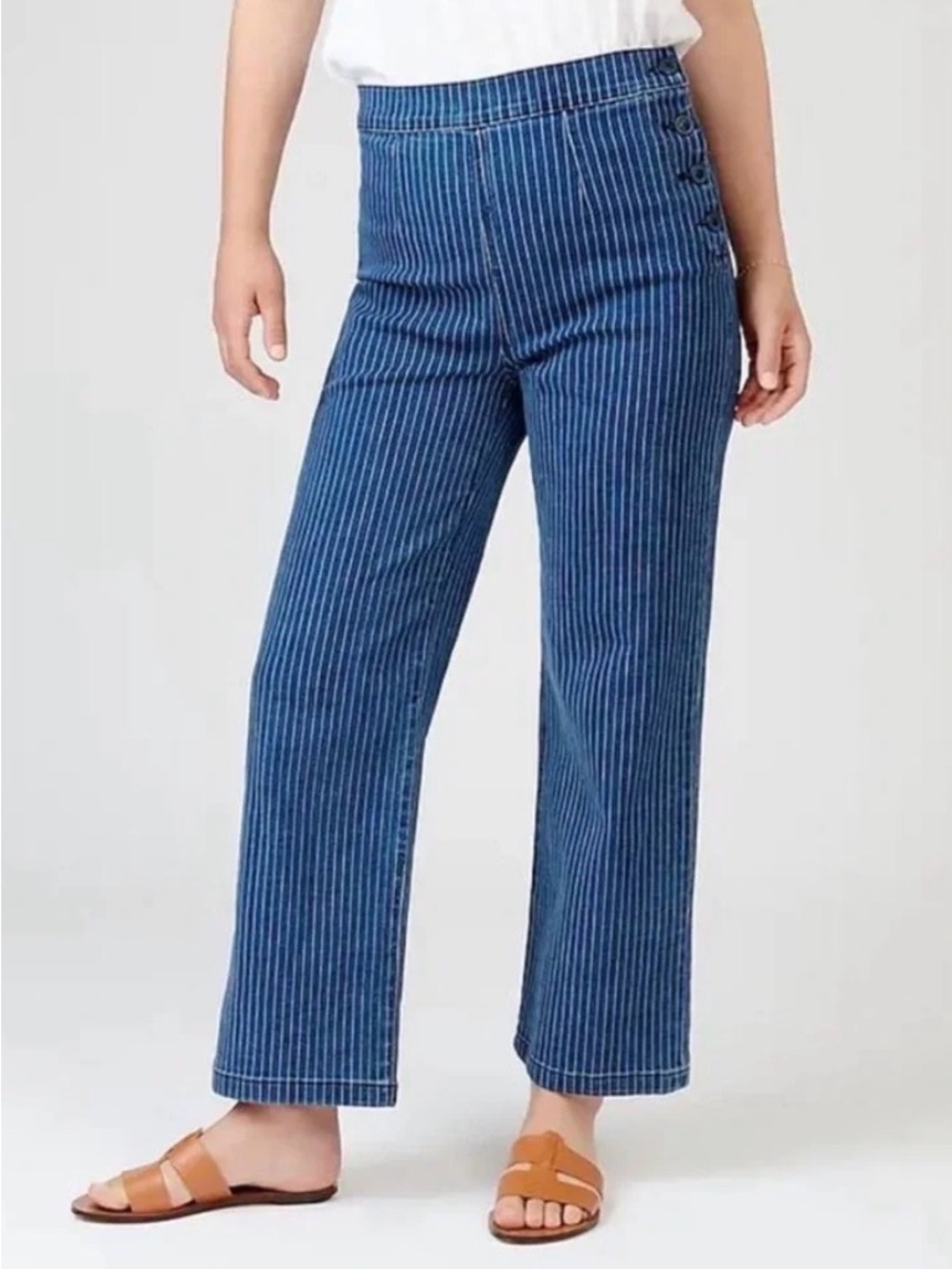 J Crew 6 Wide Leg Pin Stripe Jeans Buttons Denim Coastal Casual Comfy Stretchy